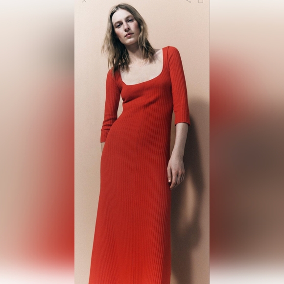 Zara Long Ribbed Dress Scoop Neck - Picture 9 of 12